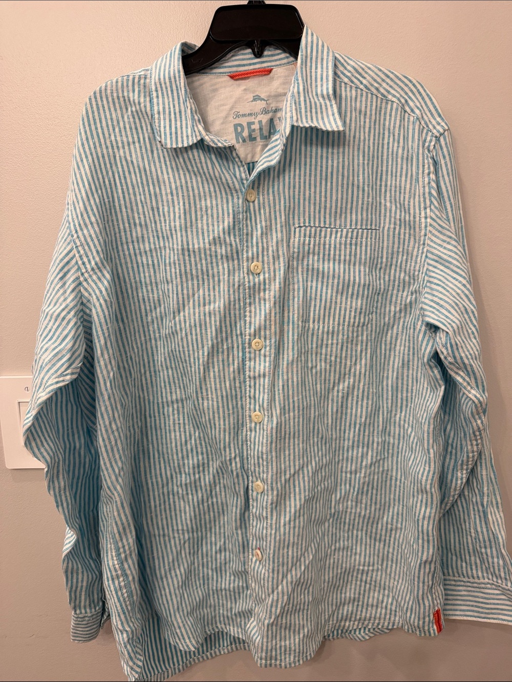 Tommy Bahama Aqua and White Striped Linen Button-Down Shirt